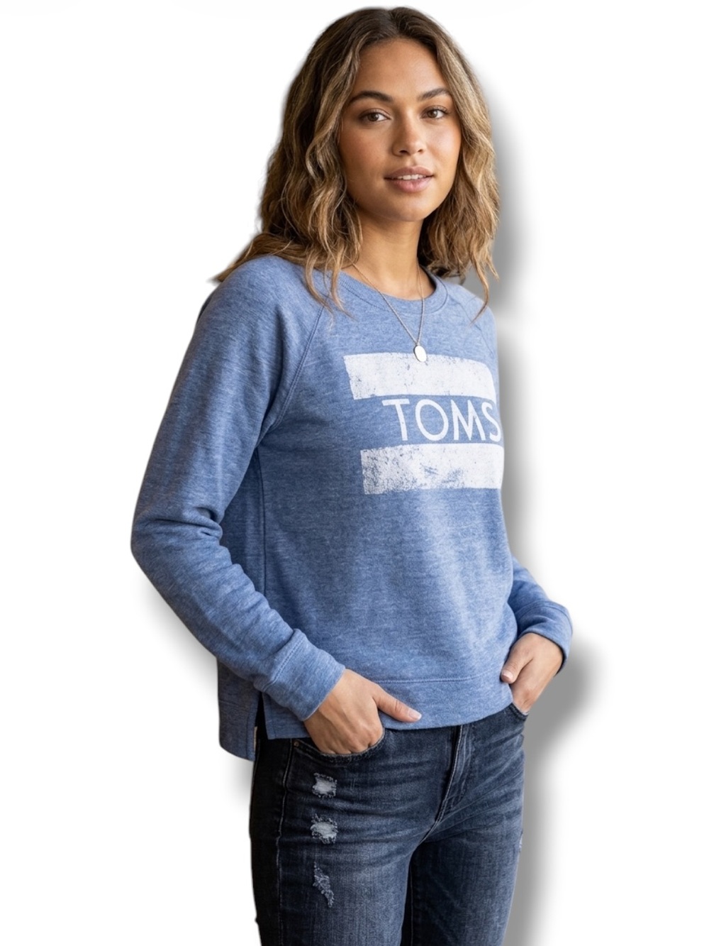 Toms Sweatshirt Heather Blue LOGO Crew Neck Excellent Condition Size Medium
